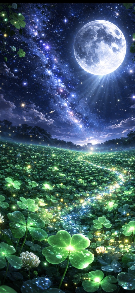 Golden Clover River - 月夜の幸運 - 星降るクローバー畑 壁紙