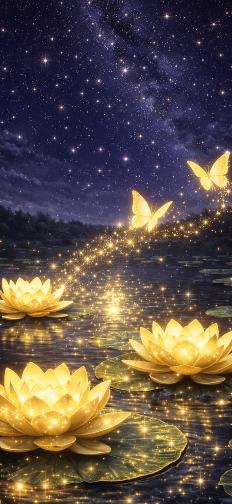 Golden Lotus Night - 月夜の蓮華 - 星降る蓮の池 ヒーリング壁紙