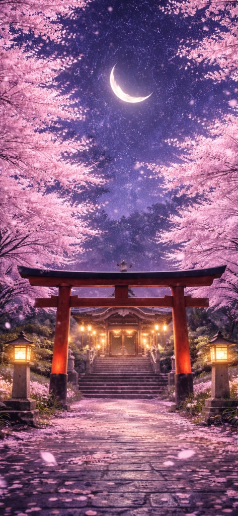 Crescent Sakura Shrine - 三日月の桜神社 - 幻想の夜桜参道 壁紙