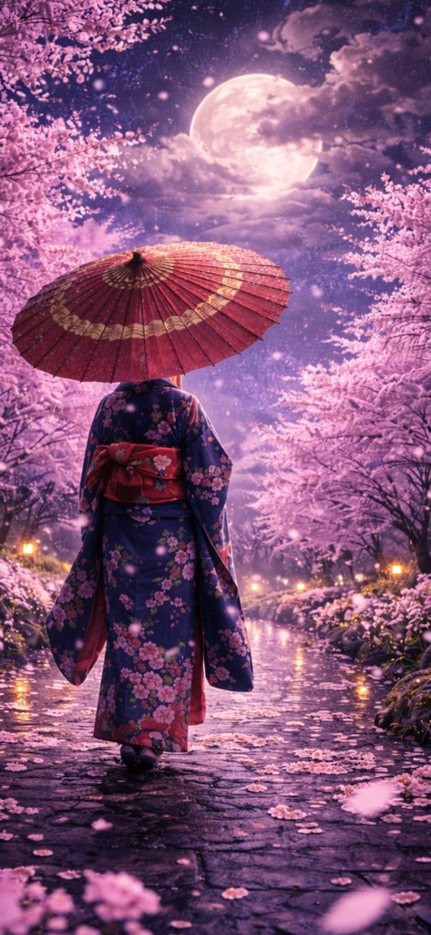 Moonlit Sakura Walk - 月夜の桜散歩 - 和傘の女性と幻想の夜桜 壁紙