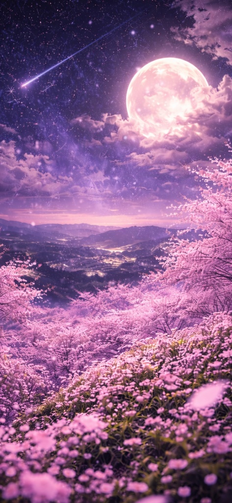 Shooting Star Sakura Hill - 流れ星の桜の丘 - 幻想の夜空と満月 壁紙