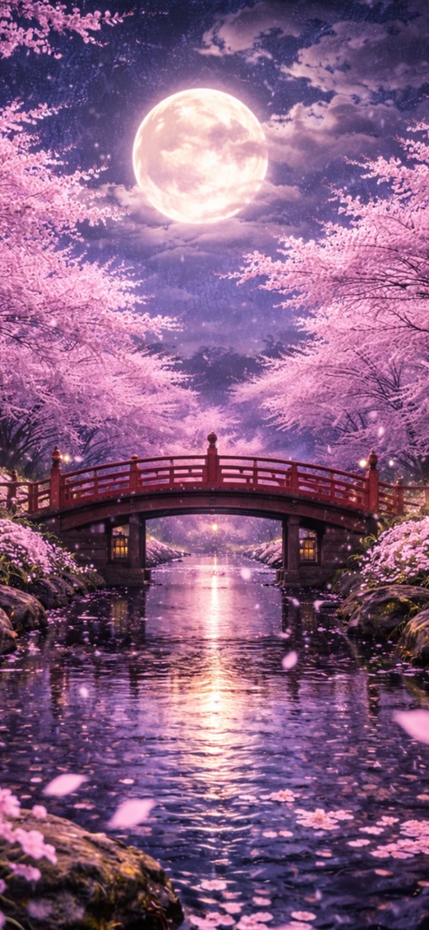 Moonlit Sakura Bridge - 月夜の桜橋 - 幻想の花びら舞う和風の橋 壁紙