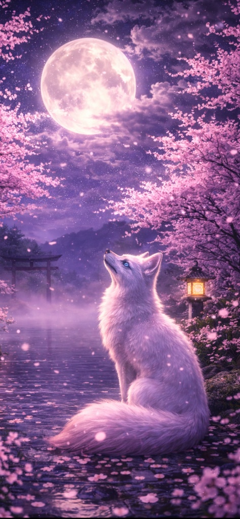 Moonlit Sakura Fox - 月夜の桜と白狐 - 幻想の夜桜守り神 壁紙