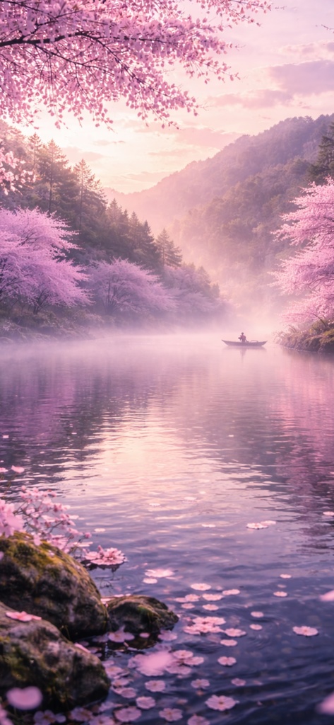 Sakura Mist Lake - 桜と朝霧の湖 - 幻想の春の湖 壁紙