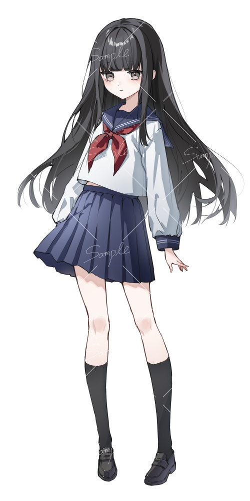【立ち絵素材png、psd】黒髪セーラー服少女【ロングヘアver】