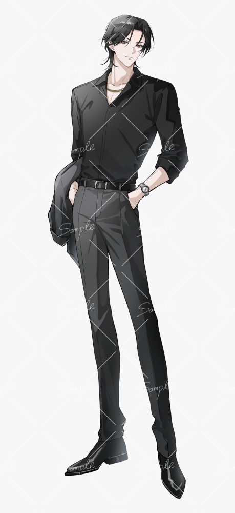 【立ち絵素材png、psd】黒髪のホストっぽいスーツの男性立ち絵【表情差分あり】