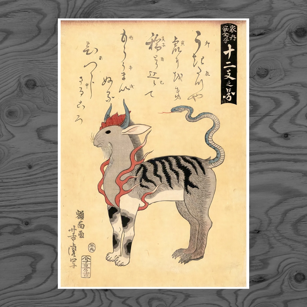 【A3ポスター】歌川芳虎 家内安全ヲ守十二支之図 干支 幻獣 魔除け 開運 縁起物 Kanai Anzen o Mamoru Junishi no Zu Utagawa Yoshitora Ukiyo-e Art Poster 和モダン インテリア 壁掛け 絵画 日本画【MUSE no.00070】