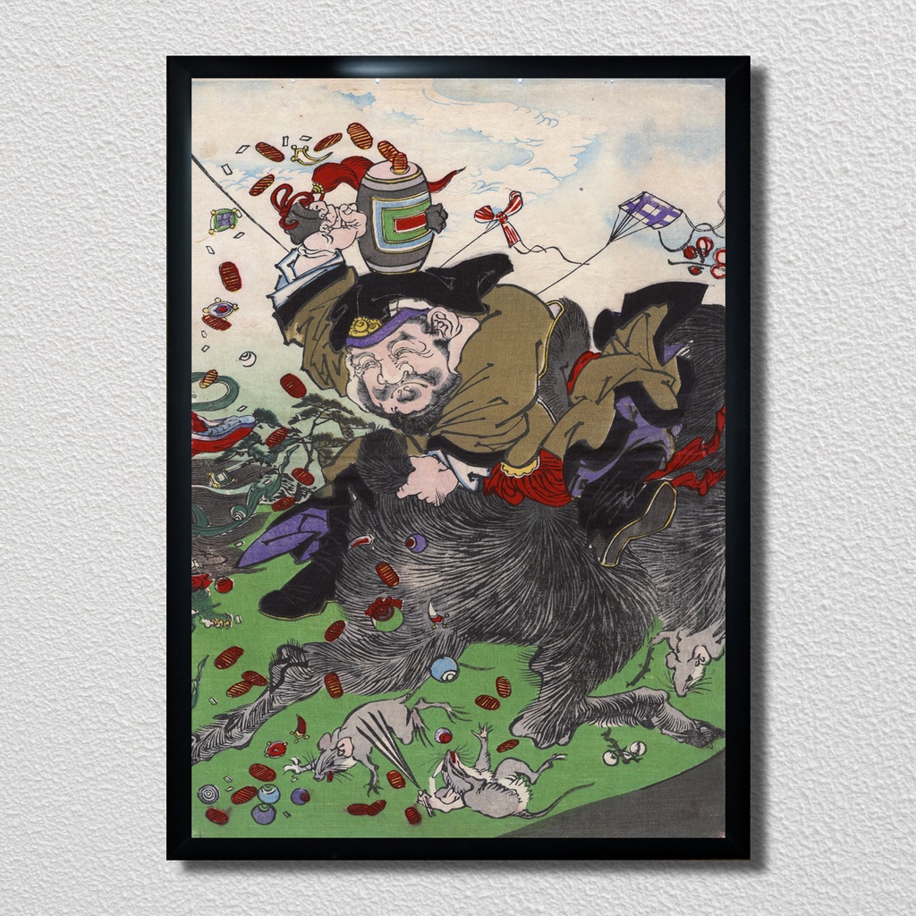 【A4ポスター 3枚セット】河鍋暁斎 七福冨士之萬㐂神 浮世絵 3枚続 猪 富士山 縁起物 開運 七福神 The Seven Lucky Gods and the Giant Boar at Mt. Fuji Kawanabe Kyosai Ukiyo-e Art Poster 和モダン インテリア 壁掛け 絵画【MUSE no.00873A4】