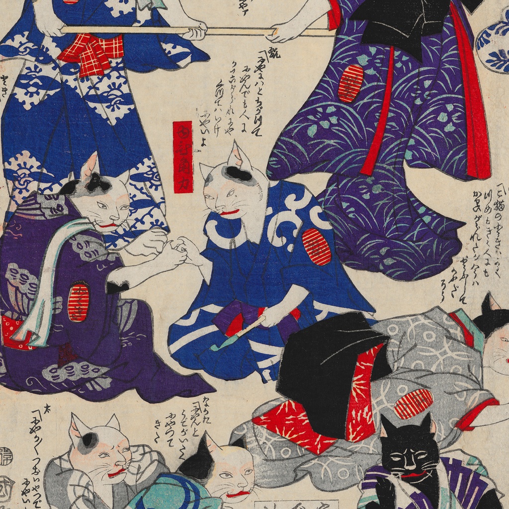 【A4ポスター 3枚セット】三代目歌川国貞 芸競猫の戯 戯画 浮世絵 3枚続 ねこ 猫 猫グッズ Cats Competing in Arts Utagawa Kunisada III Ukiyo-e Art Poster 和モダン インテリア 壁掛け 絵画【MUSE no.00871A4】