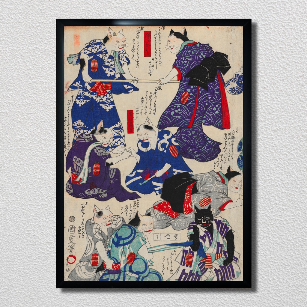 【A3ポスター 3枚セット】三代目歌川国貞 芸競猫の戯 戯画 浮世絵 3枚続 ねこ 猫 猫グッズ Cats Competing in Arts Utagawa Kunisada III Ukiyo-e Art Poster 和モダン インテリア 壁掛け 絵画【MUSE no.00871A3】
