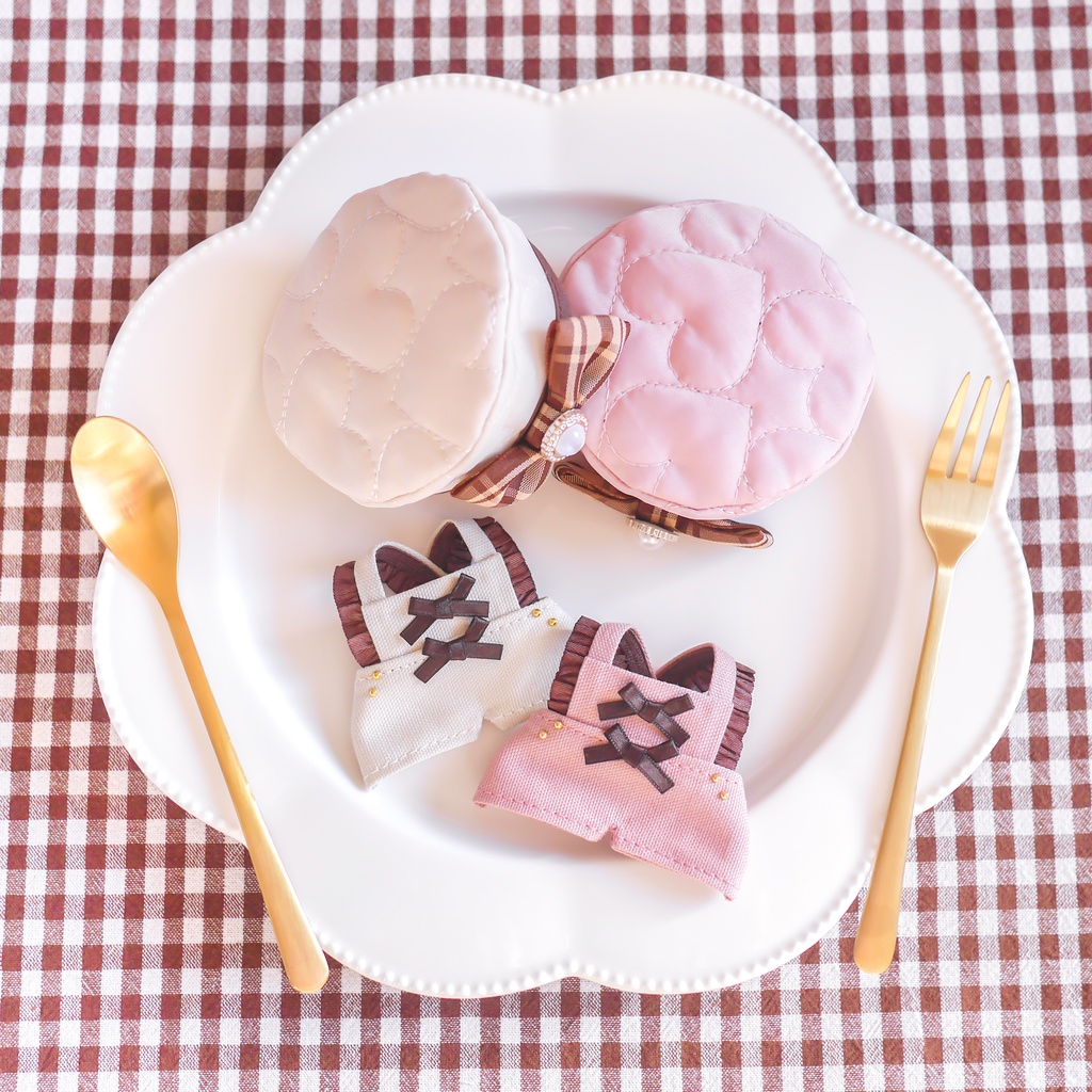 バレンタインハートキルトベレー帽＆ダブルリボンフリルサロペット