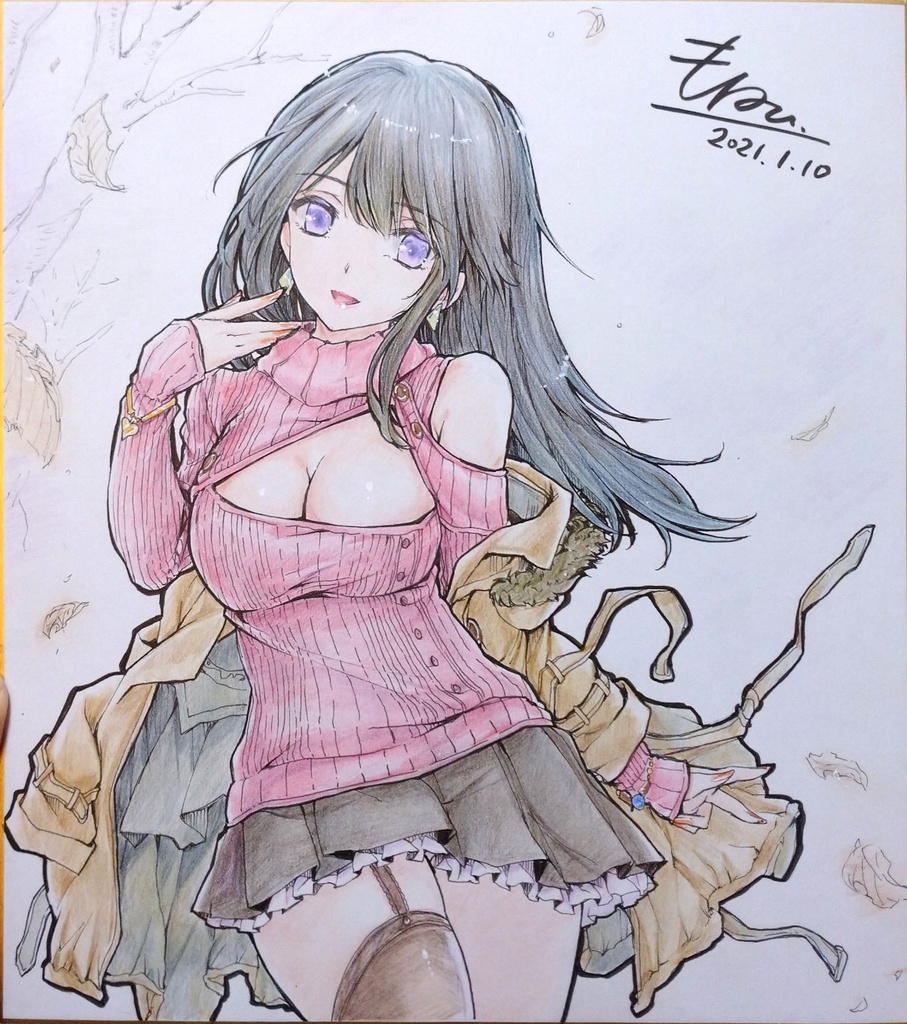 創作【❀秋コーデなお姉様❀】手描きイラスト - アート/写真