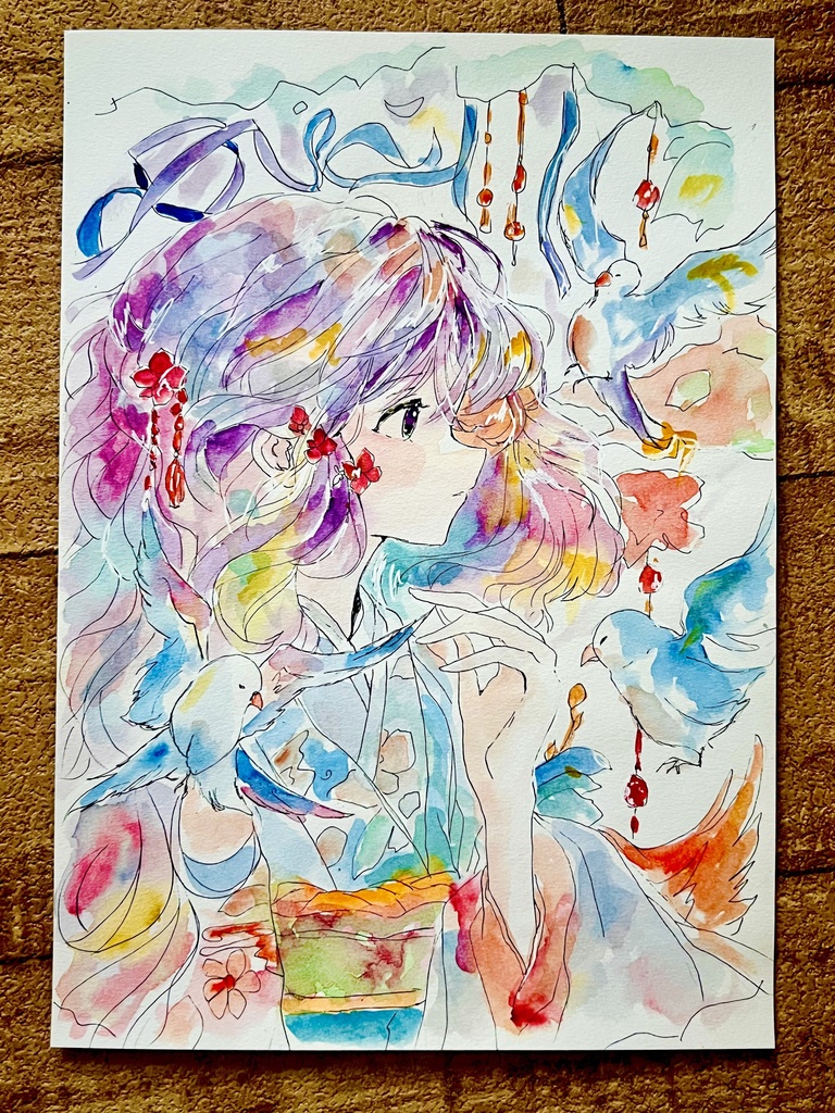 A4透明水彩原画【着物1】