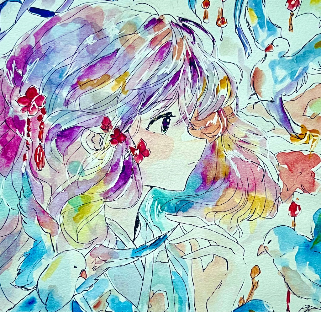 A4透明水彩原画【着物1】