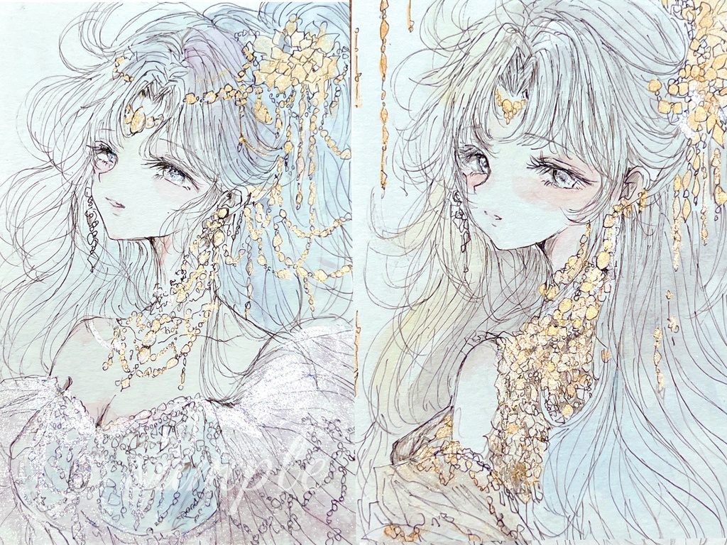 【2枚セットアンティーク額装原画】ハガキサイズ