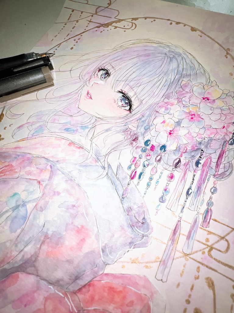 【A4額装原画】花綴