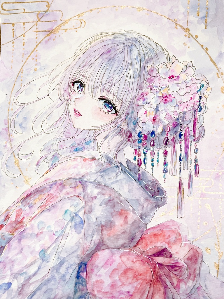 【A4額装原画】花綴