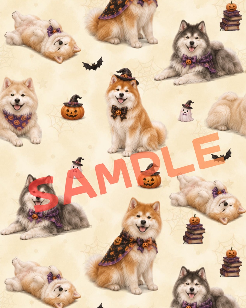 【無料お試し】モフモフ秋田犬のハロウィン背景素材（インスタ・SNS投稿用/PNG）