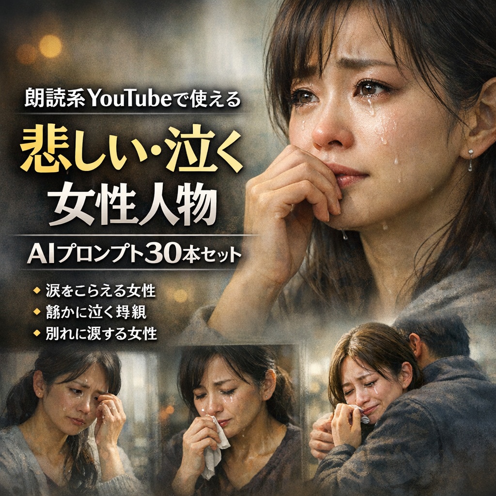 朗読系YouTubeで使える 悲しい・泣く女性人物AIプロンプト30本セット