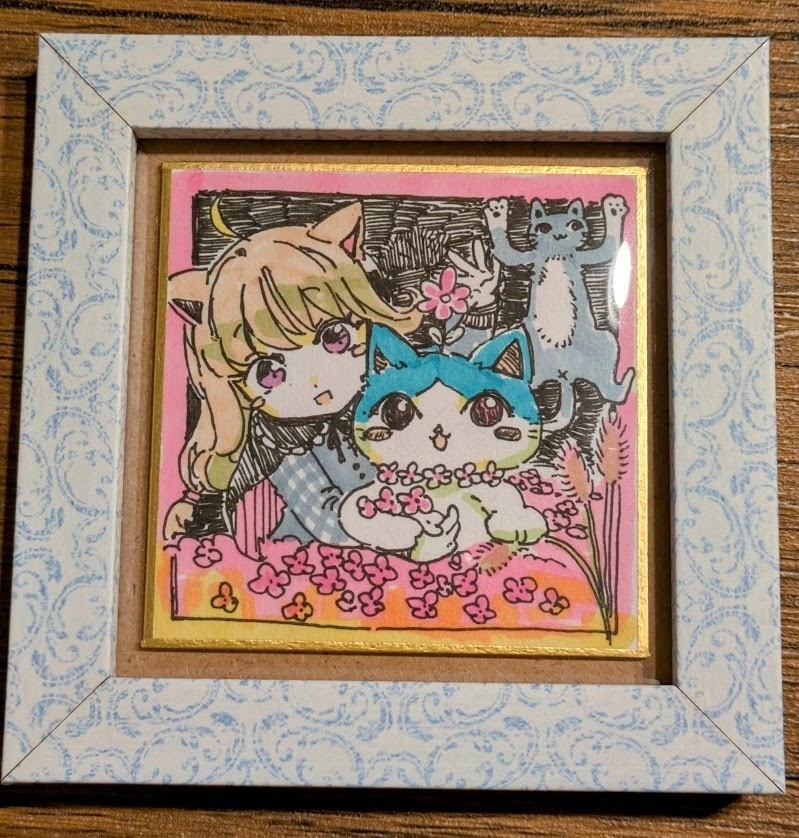 【原画ミニ色紙】『ねこにゃん女』　豆色紙7cm