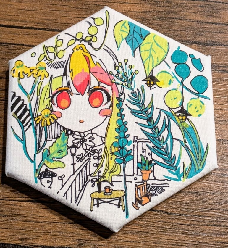 【原画】『草と女』　六角形キャンバス原画　縦15cm