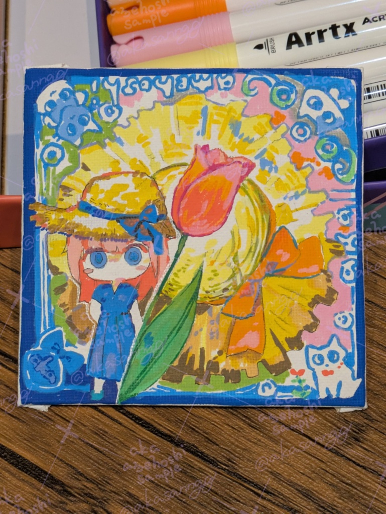 【原画】『🐈🌷👒』パネルキャンバス10cm