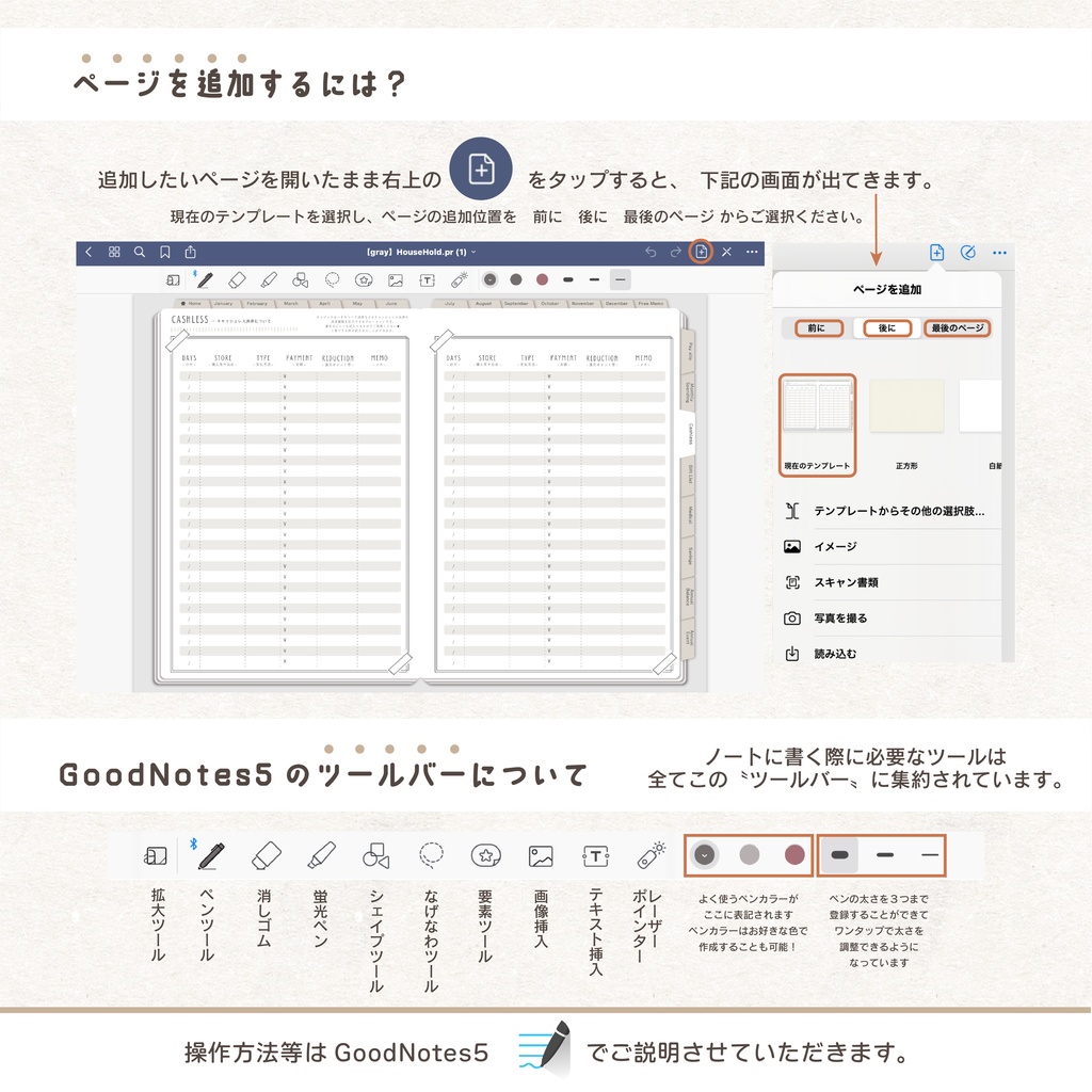 今からでも使用できる!デジタル家計簿【カラバリ全5種類】household×option 📖 - 月間家計簿/家計簿セット/月間/日にちごとの支出/週間支出/デジタルプランナー