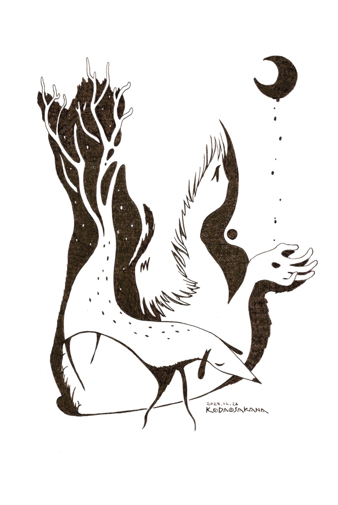 A4イラスト原画「犬と月と」