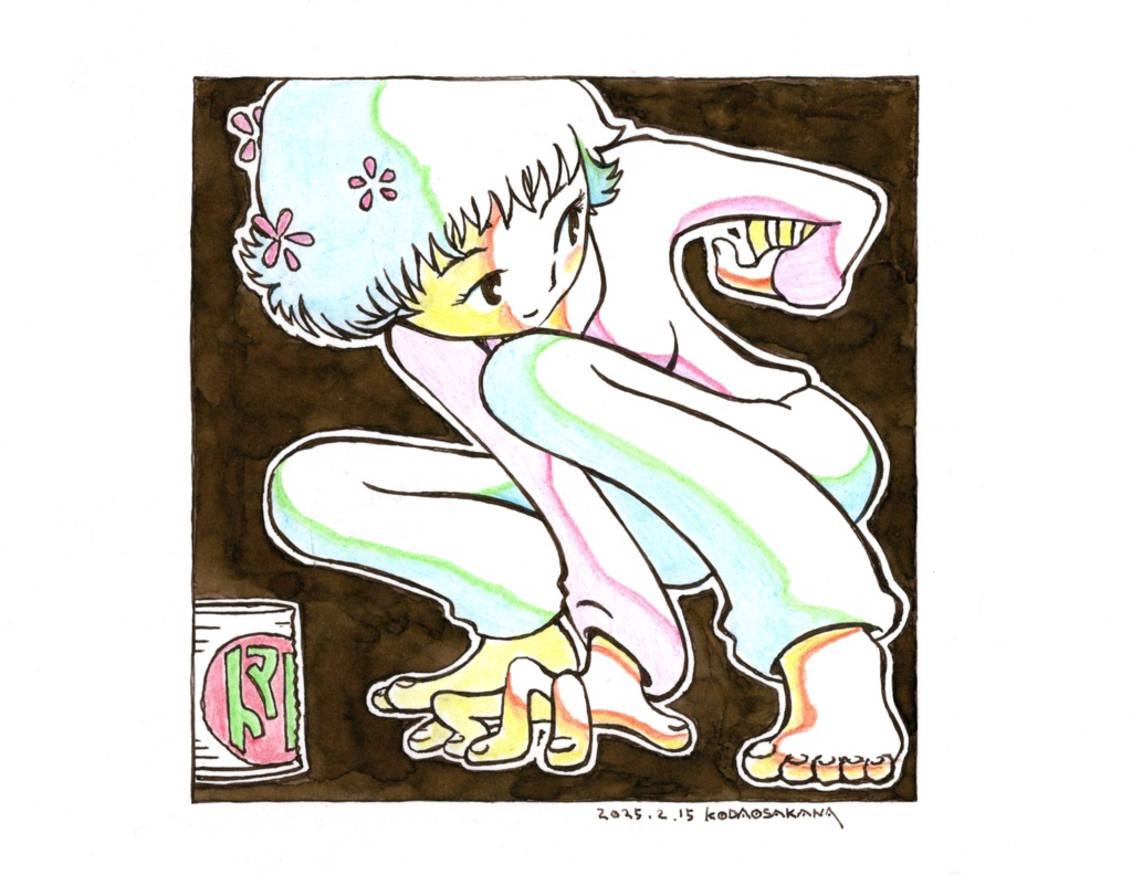 B5イラスト原画「トマト缶騒動」万年筆＋色鉛筆着彩