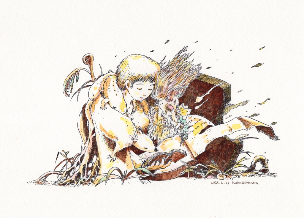 A4サイズカラーイラスト原画「読書する群像」