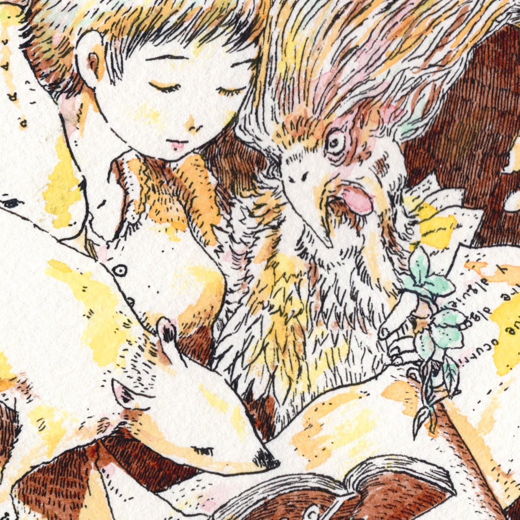 A4サイズカラーイラスト原画「読書する群像」