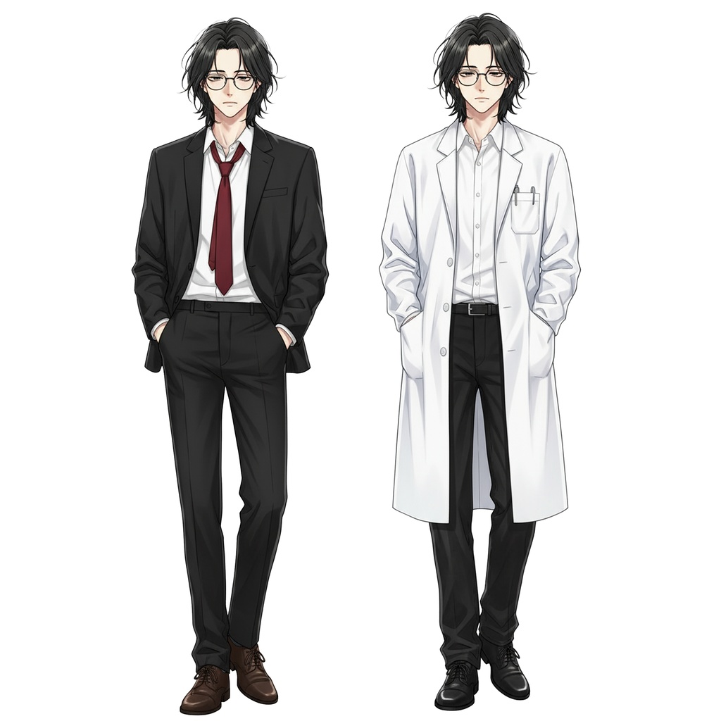 男性全身立ち絵001B 表情差分9種類 服装2種類(スーツと白衣)