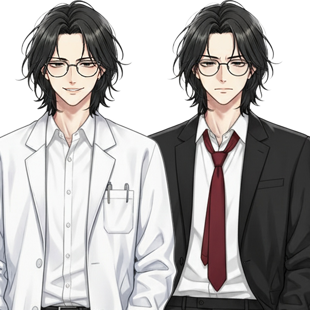 男性全身立ち絵001B 表情差分9種類 服装2種類(スーツと白衣)