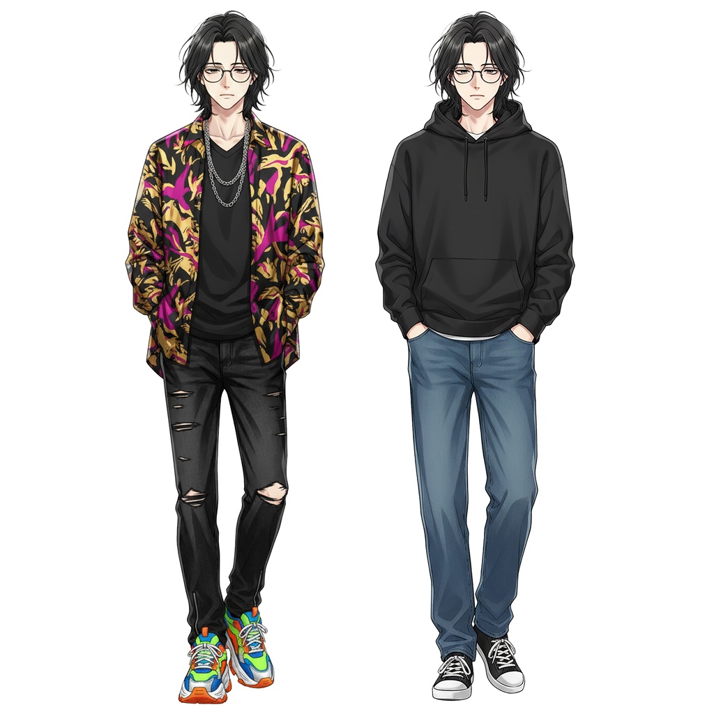 男性全身立ち絵001A 表情差分9種類 服装2種類(私服)