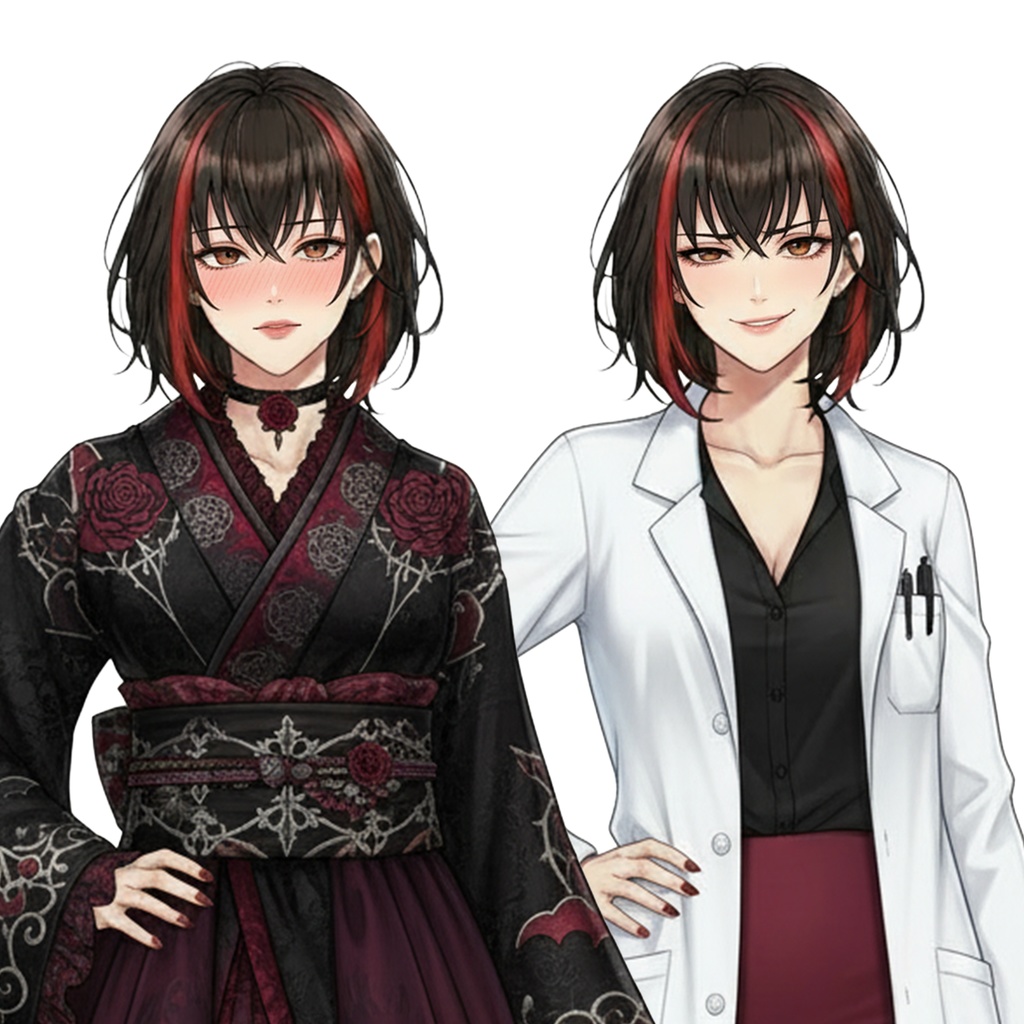 女性全身立ち絵007B 表情差分9種類 服装2種類(白衣と着物)