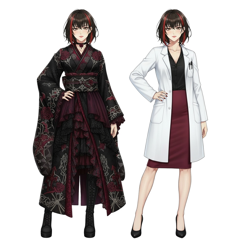 女性全身立ち絵007B 表情差分9種類 服装2種類(白衣と着物)