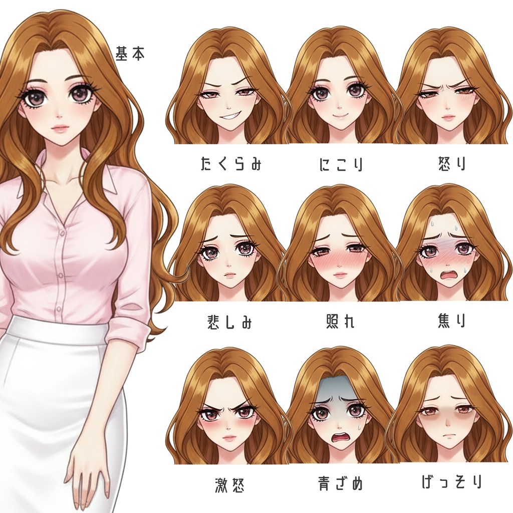 女性全身立ち絵005A 表情差分9種類 服装2種類(私服)