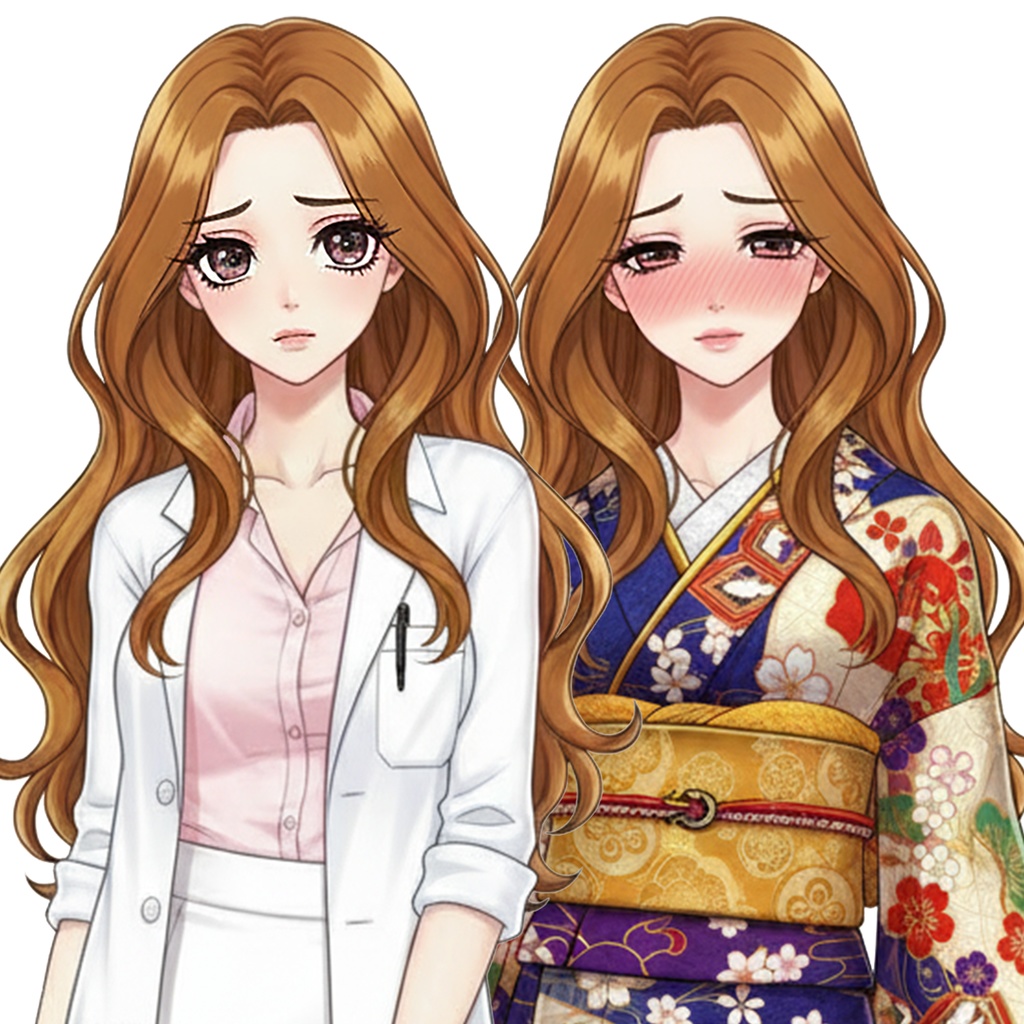 女性全身立ち絵005B 表情差分9種類 服装2種類(白衣と着物)