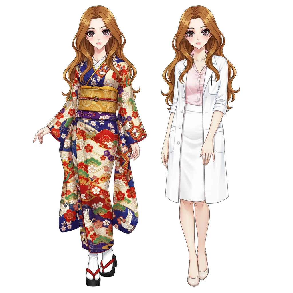 女性全身立ち絵005B 表情差分9種類 服装2種類(白衣と着物)