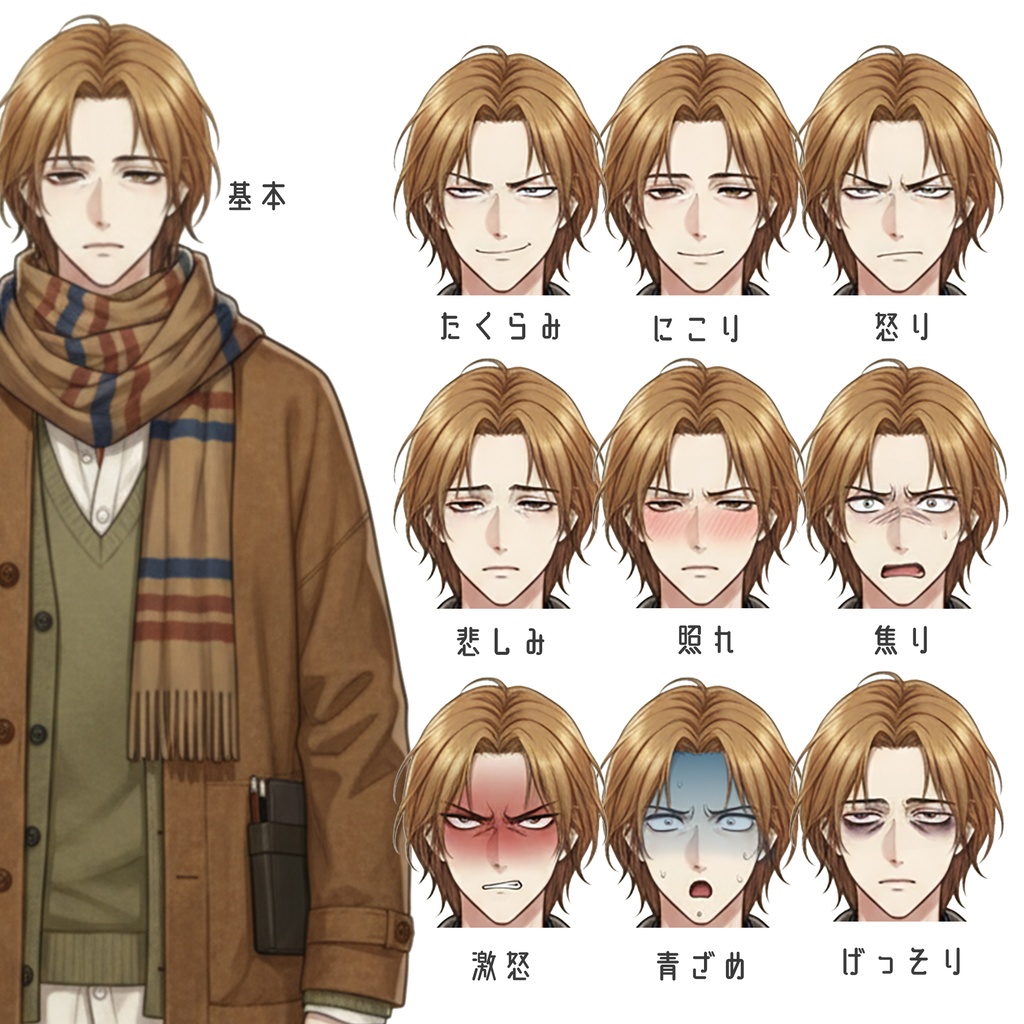 男性全身立ち絵009A 表情差分9種類 服装2種類(刑事・芸術家)