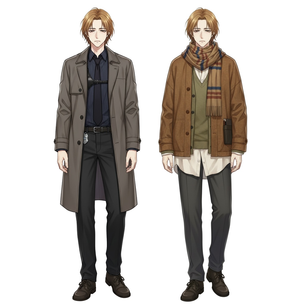 男性全身立ち絵009A 表情差分9種類 服装2種類(刑事・芸術家)