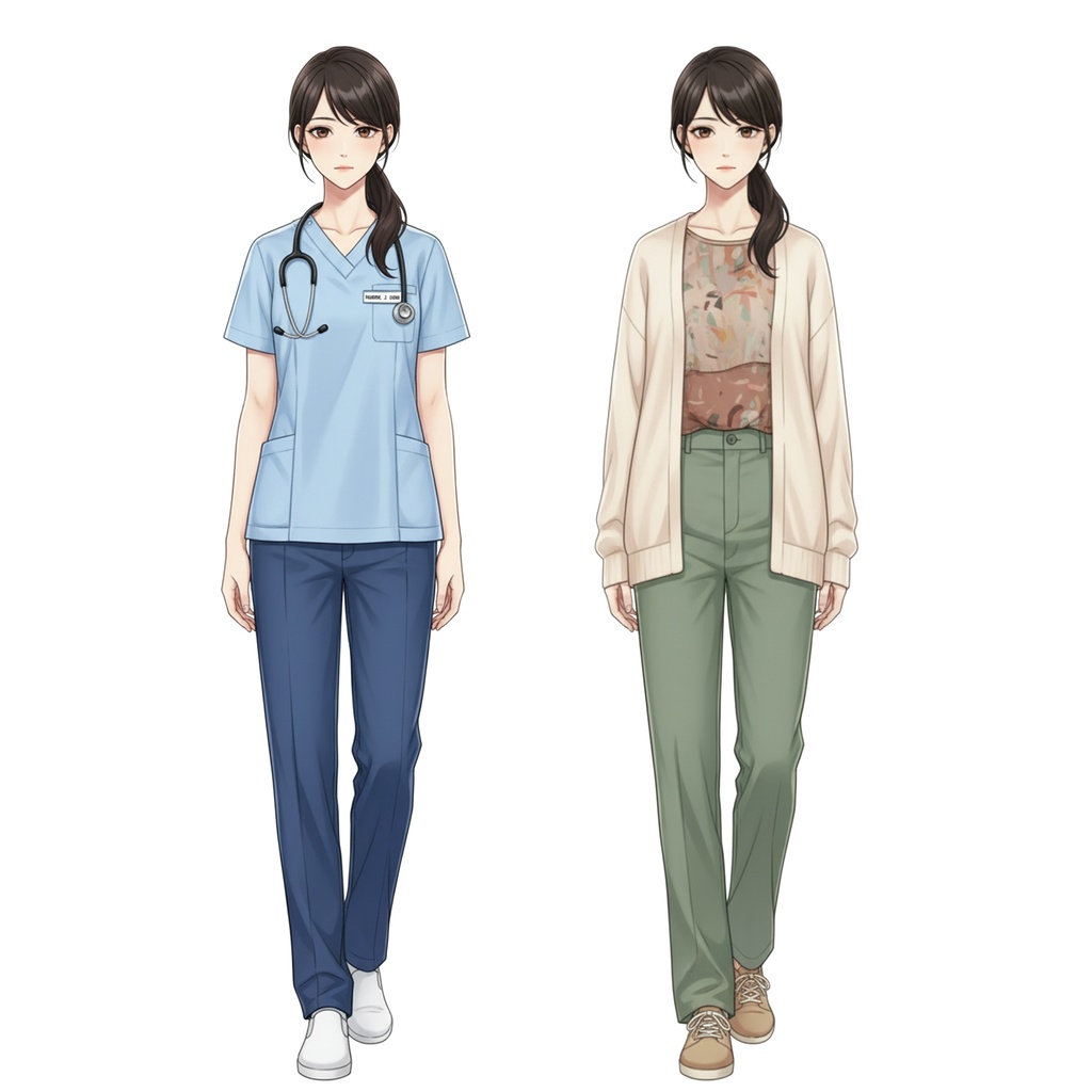 女性全身立ち絵010A 表情差分9種類 服装2種類(看護師・私服)