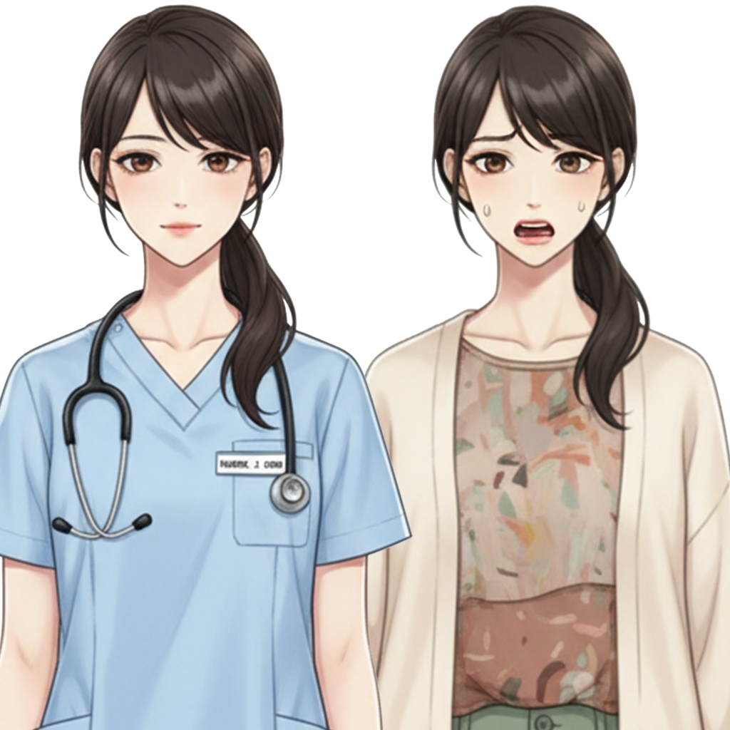 女性全身立ち絵010A 表情差分9種類 服装2種類(看護師・私服)