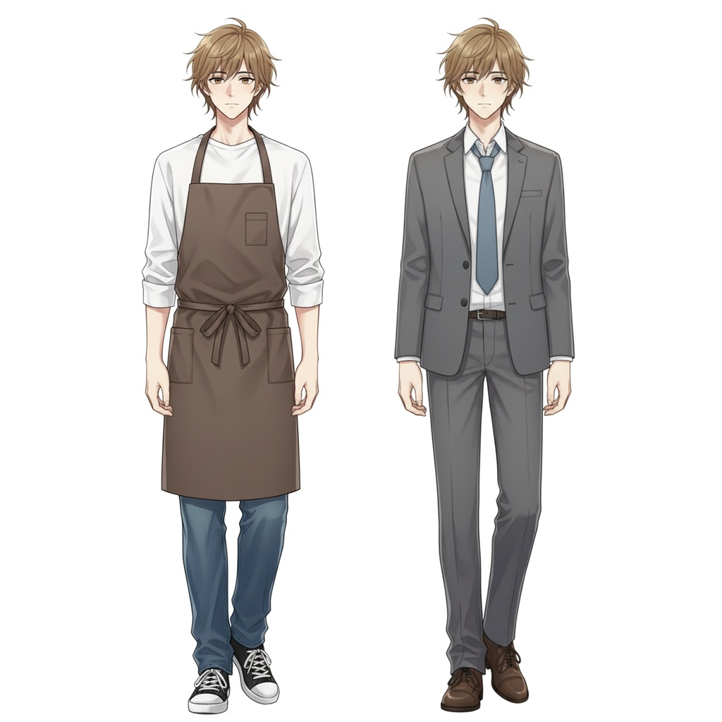 男性全身立ち絵011A 表情差分9種類 服装2種類(飲食店店員・スーツ)