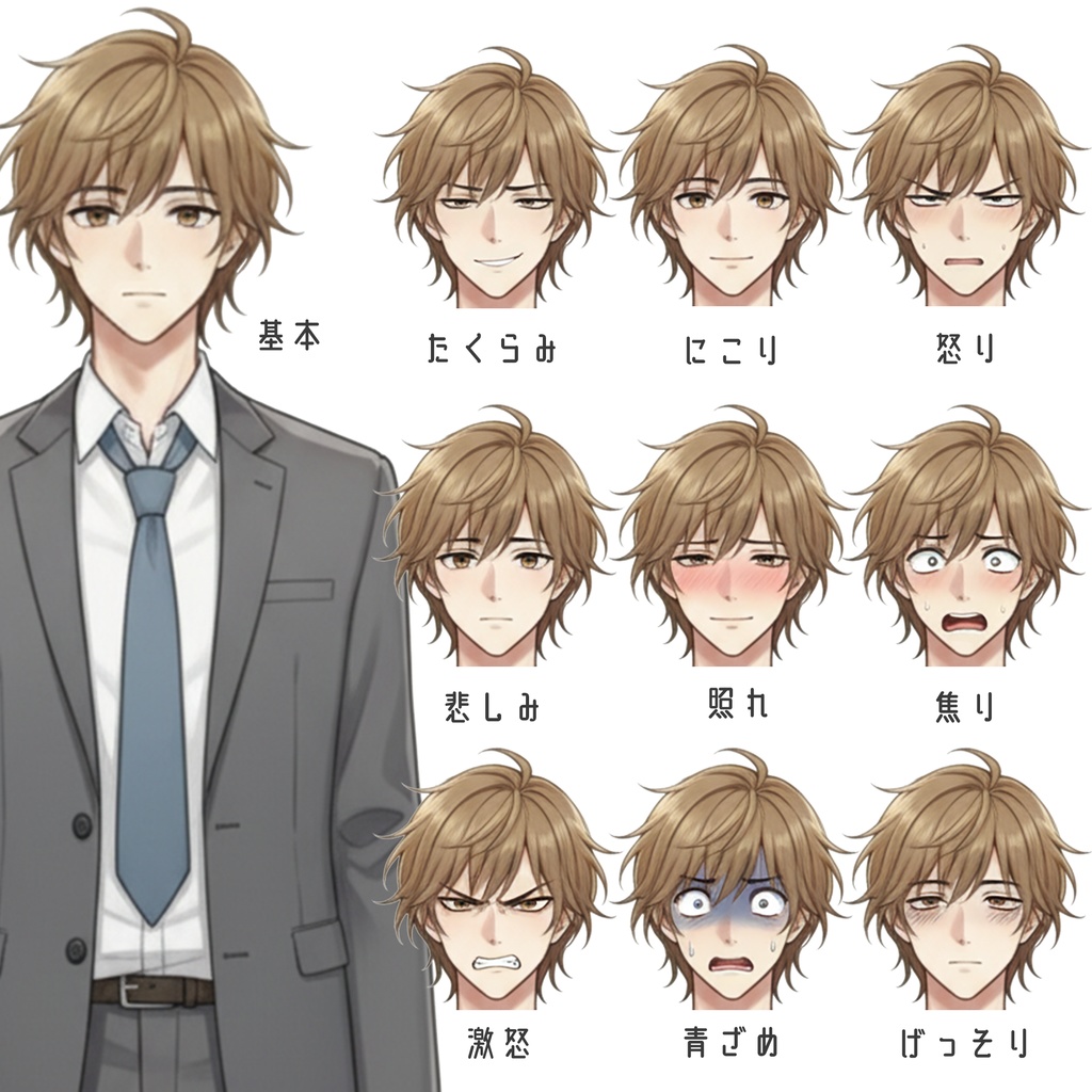 男性全身立ち絵011A 表情差分9種類 服装2種類(飲食店店員・スーツ)