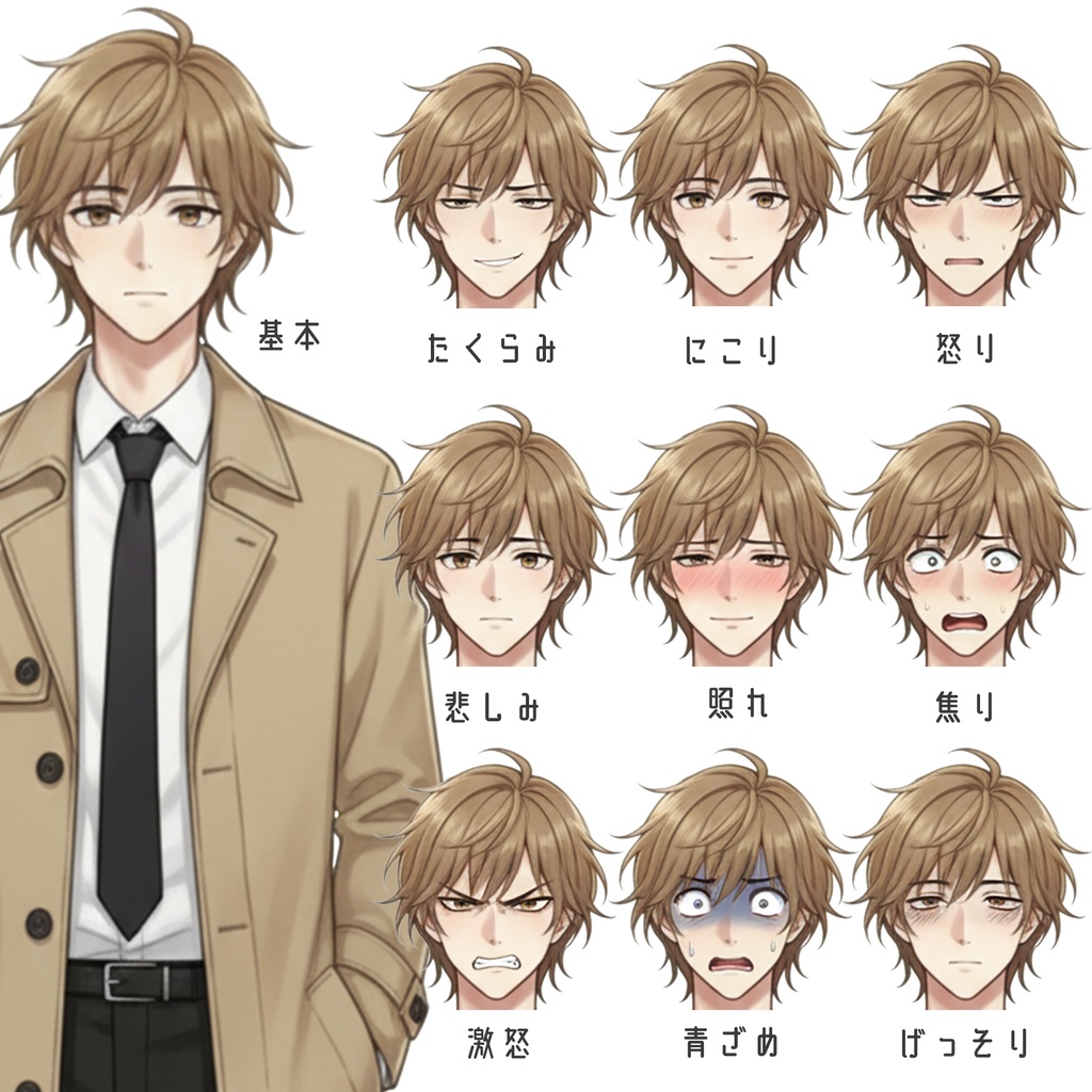 男性全身立ち絵011B 表情差分9種類 服装2種類(看護師・刑事風)