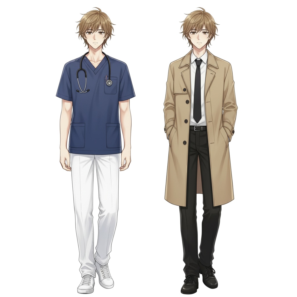 男性全身立ち絵011B 表情差分9種類 服装2種類(看護師・刑事風)