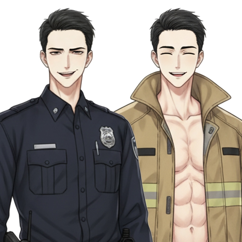 男性全身立ち絵012A 表情差分9種類 服装2種類(警察官・消防士)