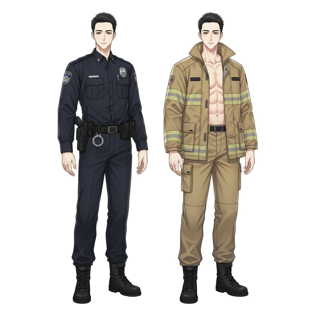 男性全身立ち絵012A 表情差分9種類 服装2種類(警察官・消防士)