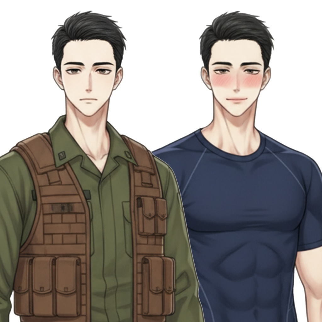 男性全身立ち絵012B 表情差分9種類 服装2種類(自衛官・スポーツマン)